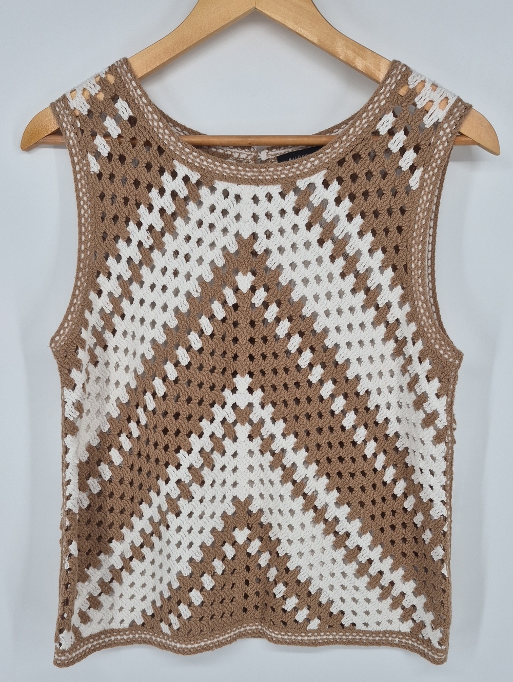 Halogen Open Stitch Sleeveless Crochet Sweater Brown And White Womens Small